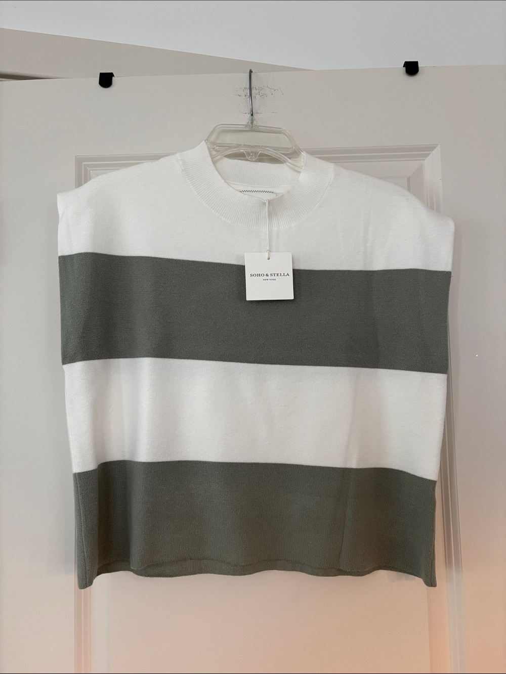 Soho & Stella White and Olive Wide-Stripe Sweater